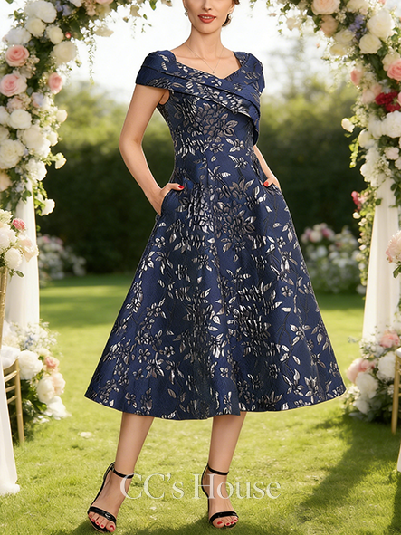 Black Tie Event A-line Luxury V-Neck Tea-Length Jacquard Floral Mother of the Bride Dress