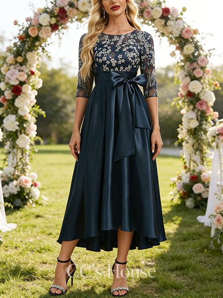 Wedding Guest A-line Luxury Scoop Illusion Asymmetrical Stretch Satin Lace Mother of the Bride Dress With Bow
