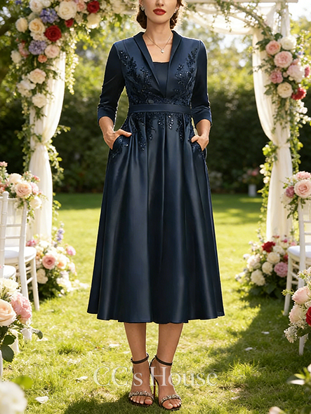 A-line Elegant Collared V-Neck Tea-Length Satin Lace Mother of the Bride Dress With Sequins
