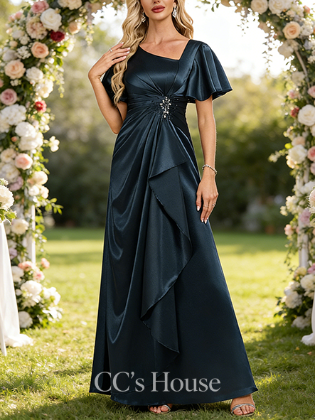 Wedding Guest A-line Luxury Asymmetrical Floor-Length Stretch Satin Mother of the Bride Dress With Pleated Sequins Beading