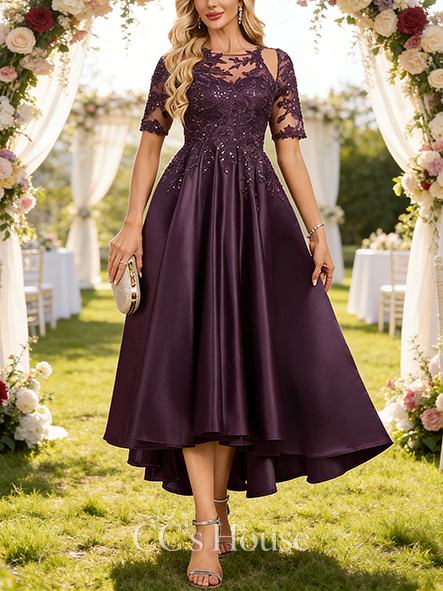 Wedding Guest A-line Luxury Scoop Illusion Asymmetrical Satin Lace Mother of the Bride Dress With Sequins