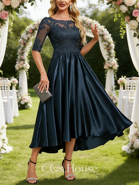 A-line Luxury Boat Neck Illusion Asymmetrical Lace Stretch Satin Mother of the Bride Dress With Sequins Beading