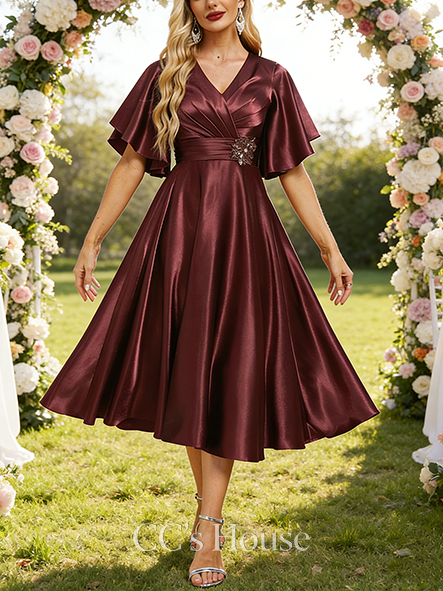 A-line Luxury V-Neck Tea-Length Stretch Satin Mother of the Bride Dress With Beading Pleated