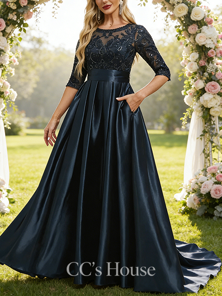 A-line Luxury Illusion Scoop Floor-Length Lace Stretch Satin Mother of the Bride Dress With Sequins Bow