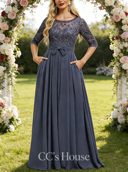 A-line Luxury Scoop Illusion Floor-Length Lace Chiffon Mother of the Bride Dress With Bow Sequins