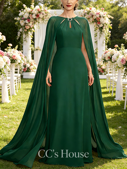 A-line Elegant Boat Neck Floor-Length Chiffon Mother of the Bride Dress With Pleated Sequins Beading