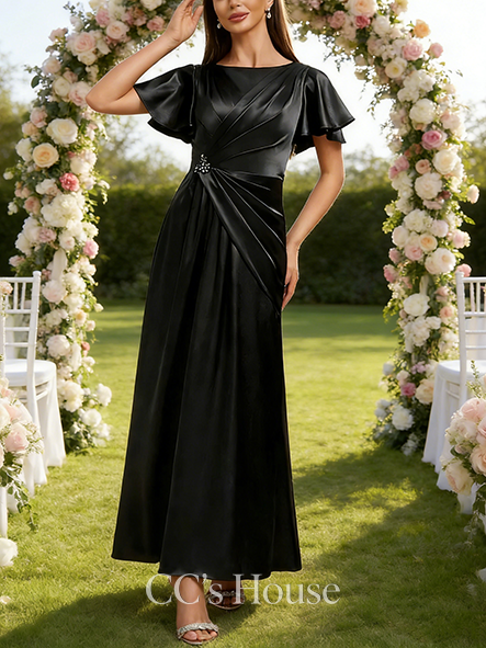 Black Tie Event A-line Luxury Scoop Ankle-Length Stretch Satin Mother of the Bride Dress With Pleated Beading