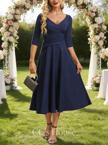 A-line Luxury V-Neck Tea-Length Stretch Crepe Mother of the Bride Dress With Pleated