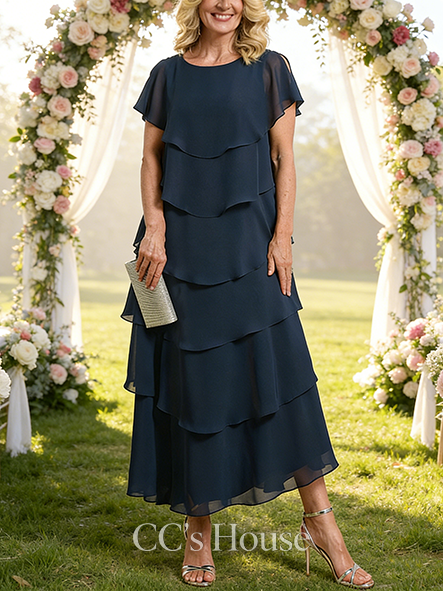 Wedding Guest A-line Luxury Scoop Asymmetrical Chiffon Mother of the Bride Dress With Cape Ruffle