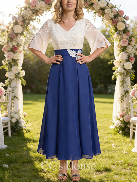 Grandmother A-line Luxury V-Neck Ankle-Length Lace Chiffon Mother of the Bride Dress With Pleated Sequins