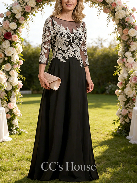 Wedding Guest A-line Luxury Scoop Illusion Floor-Length Lace Chiffon Mother of the Bride Dress