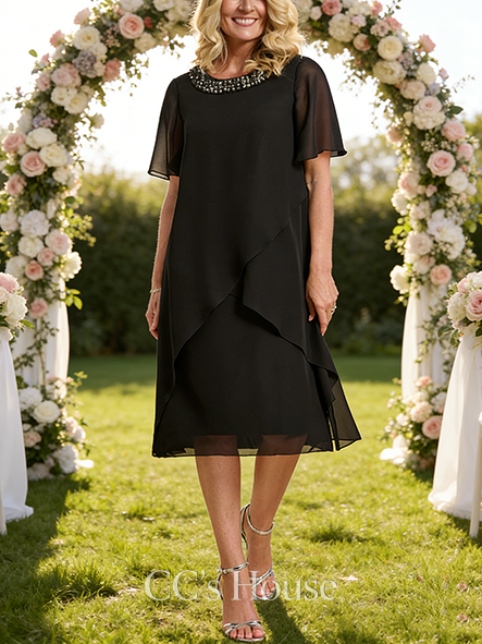 A-line Luxury Scoop Knee-Length Chiffon Mother of the Bride Dress With Beading Sequins