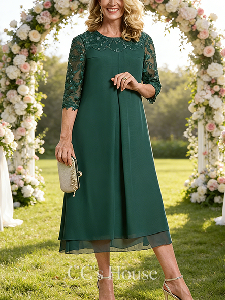 A-line Luxury Scoop Tea-Length Lace Chiffon Mother of the Bride Dress With Sequins
