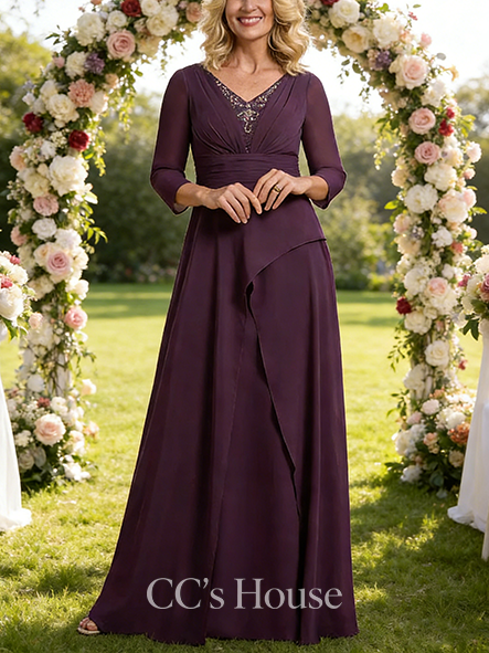 New Arrival A-line Luxury V-Neck Floor-Length Chiffon Mother of the Bride Dress With Pleated Beading