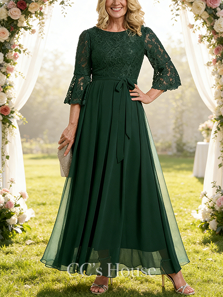 A-line Luxury Scoop Ankle-Length Lace Chiffon Mother of the Bride Dress With Bow