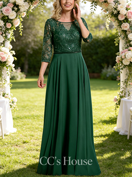 Wedding Guest A-line Luxury Scoop Illusion Floor-Length Chiffon Lace Mother of the Bride Dress With Sequins Beading