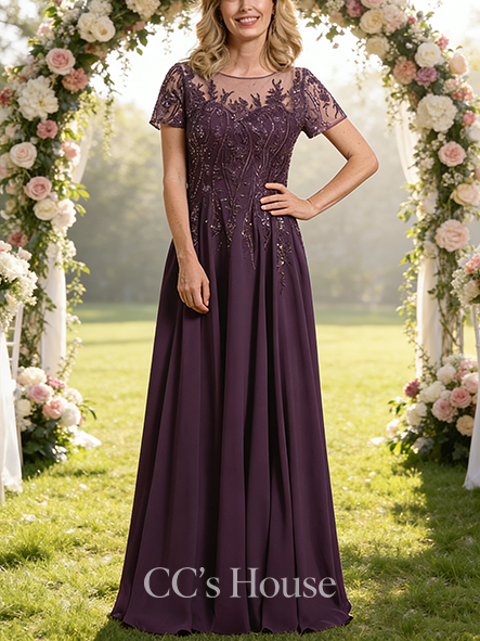A-line Luxury Scoop Illusion Floor-Length Lace Chiffon Mother of the Bride Dress With Sequins