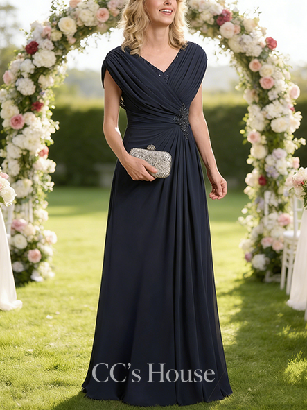 A-line Luxury V-Neck Floor-Length Chiffon Mother of the Bride Dress With Pleated Sequins Beading