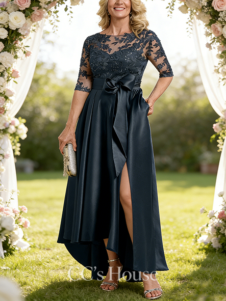 A-line Luxury Scoop Illusion Asymmetrical Satin Lace Mother of the Bride Dress With Bow Sequins