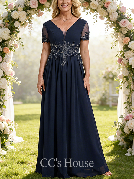 A-line Luxury V-Neck Floor-Length Chiffon Mother of the Bride Dress With Appliques Lace