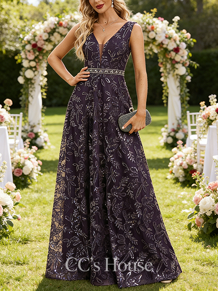 A-line Elegant V-Neck Floor-Length Lace Sequin Mother of the Bride Dress With Beading