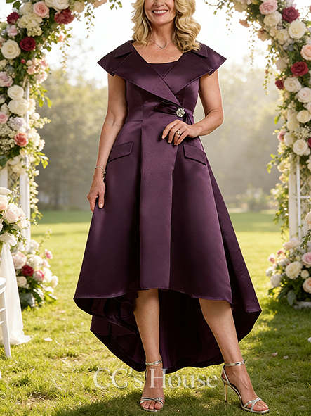 New Arrival A-line Luxury Square Asymmetrical Satin Mother of the Bride Dress With Crystal Brooch
