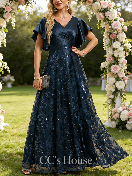 A-line Luxury V-Neck Floor-Length Stretch Satin Sequin Lace Mother of the Bride Dress With Pleated