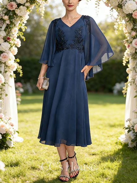 A-line Luxury V-Neck Tea-Length Chiffon Lace Mother of the Bride Dress With Beading Cape Sequins