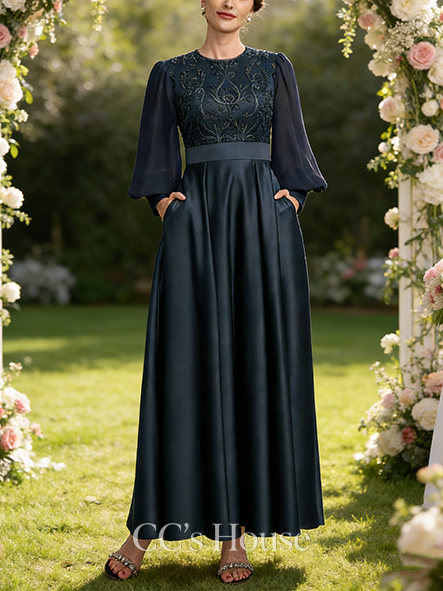 New Arrival A-line Luxury Scoop Ankle-Length Lace Satin Chiffon Mother of the Bride Dress With Sequins