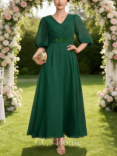A-line Luxury V-Neck Ankle-Length Chiffon Mother of the Bride Dress With Pleated Sequins Beading