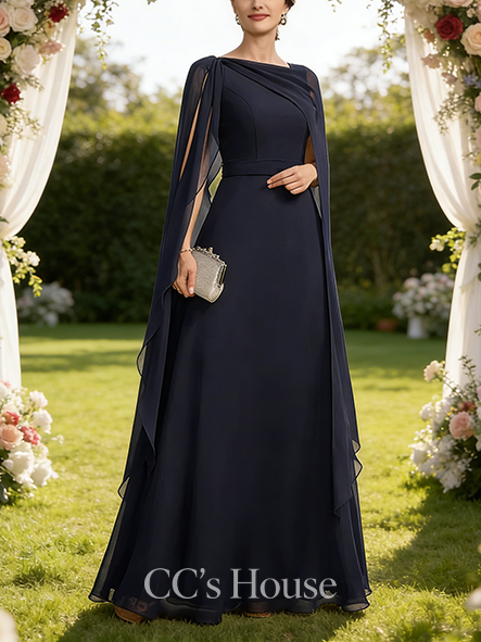 Fall A-line Luxury Scoop Floor-Length Chiffon Mother of the Bride Dress With Bow Pleated