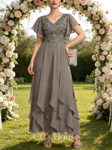Black Tie Event A-line Luxury V-Neck Ankle-Length Lace Chiffon Mother of the Bride Dress With Cascading Ruffles