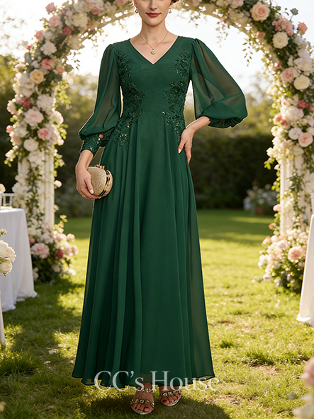 New Arrival A-line Luxury V-Neck Ankle-Length Lace Chiffon Mother of the Bride Dress With Sequins