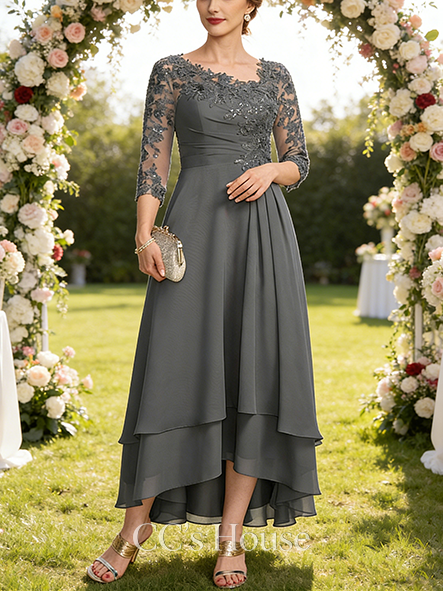 A-line Luxury Asymmetrical Asymmetrical Lace Chiffon Mother of the Bride Dress With Pleated Sequins