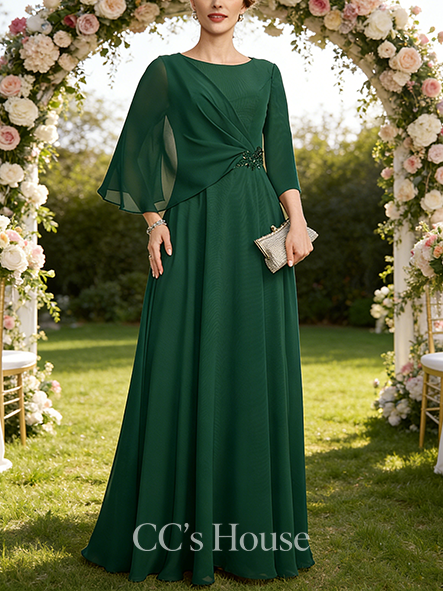 A-line Luxury Scoop Floor-Length Chiffon Mother of the Bride Dress With Pleated Beading