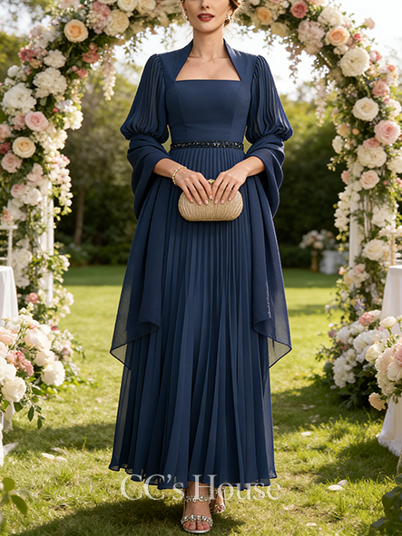 A-line Luxury Queen Anne Ankle-Length Chiffon Mother of the Bride Dress With Pleated Sequins Beading