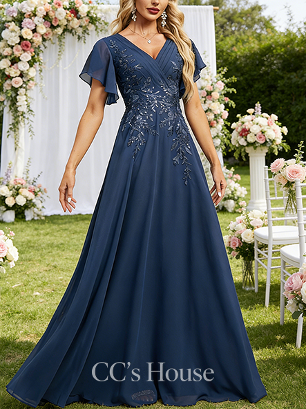 New Arrival A-line Elegant V-Neck Floor-Length Lace Chiffon Mother of the Bride Dress With Pleated Sequins