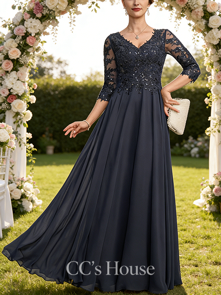 Black Tie Event A-line Luxury V-Neck Floor-Length Lace Chiffon Mother of the Bride Dress With Sequins