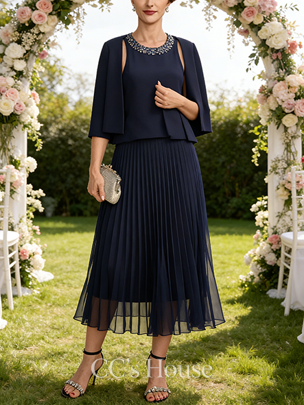 A-line Luxury Separates Scoop Tea-Length Chiffon Mother of the Bride Dress With Sequins Beading