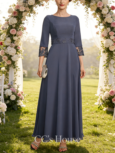 New Arrival A-line Luxury Scoop Ankle-Length Lace Chiffon Mother of the Bride Dress