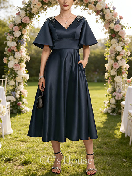 A-line Luxury V-Neck Tea-Length Satin Mother of the Bride Dress With Beading