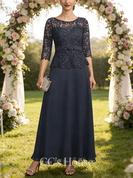 Wedding Guest A-line Luxury Scoop Illusion Ankle-Length Chiffon Lace Mother of the Bride Dress With Rhinestone Beading