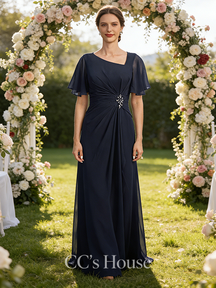 A-line Luxury Asymmetrical Floor-Length Chiffon Mother of the Bride Dress With Pleated Sequins Beading