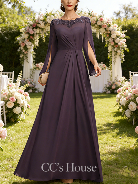 Fall A-line Elegant Scoop Floor-Length Chiffon Mother of the Bride Dress With Pleated Sequins Appliques Lace
