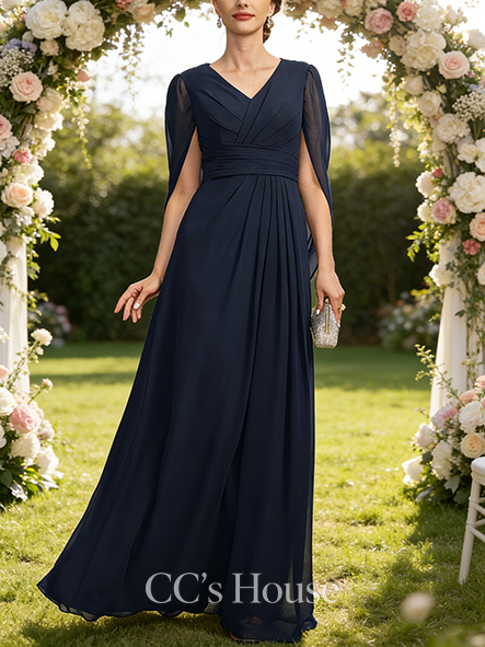 A-line Luxury V-Neck Floor-Length Chiffon Mother of the Bride Dress With Cape Pleated