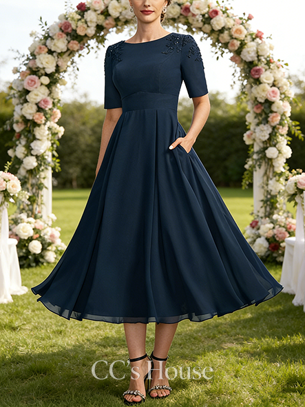 A-line Luxury Scoop Tea-Length Chiffon Mother of the Bride Dress With Appliques Lace Sequins