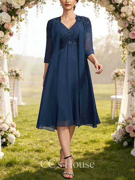 New Arrival A-line Luxury V-Neck Knee-Length Chiffon Lace Mother of the Bride Dress With Pleated Beading Sequins