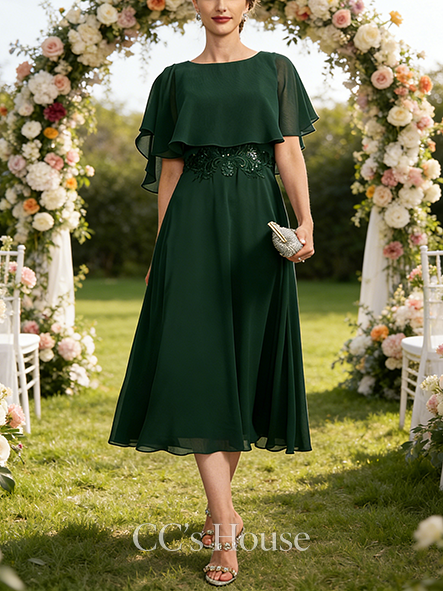 Grandmother A-line Luxury Scoop Tea-Length Chiffon Mother of the Bride Dress With Cape Sequins Appliques Lace