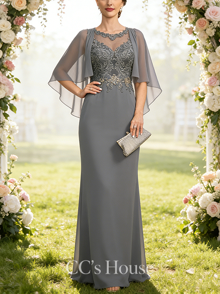 A-line Luxury Scoop Illusion Floor-Length Lace Chiffon Mother of the Bride Dress With Sequins