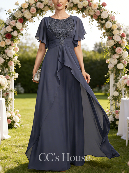 A-line Luxury Scoop Floor-Length Lace Chiffon Mother of the Bride Dress With Overskirt Pleated